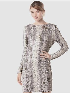 Dress the Population Silver Gray Sequined Snake-Print Long-Sleeve Mini Dress